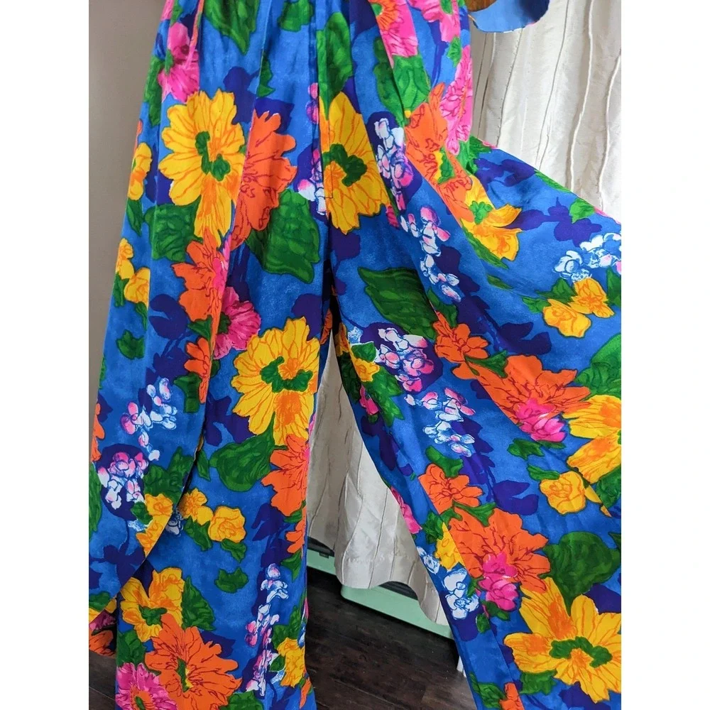 Handmade Vintage 70s Psychedelic Floral Palazzo Jumpsuit XS Mod Wide Leg